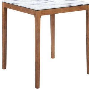 HomeRoots 32" Modern High-Top Square Bar Table with White Faux Marble Top and Natural Solid Wood Base Design 668834