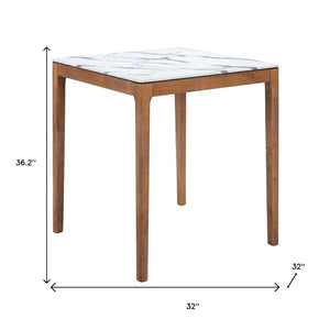 HomeRoots 32" Modern High-Top Square Bar Table with White Faux Marble Top and Natural Solid Wood Base Design 668834