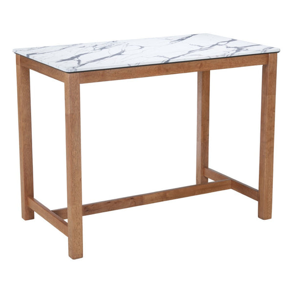 HomeRoots 48" Modern Rectangular Bar Table with White Faux Marble Top & Solid Wood Base for Stylish Dining 668835