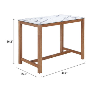 HomeRoots 48" Modern Rectangular Bar Table with White Faux Marble Top & Solid Wood Base for Stylish Dining 668835