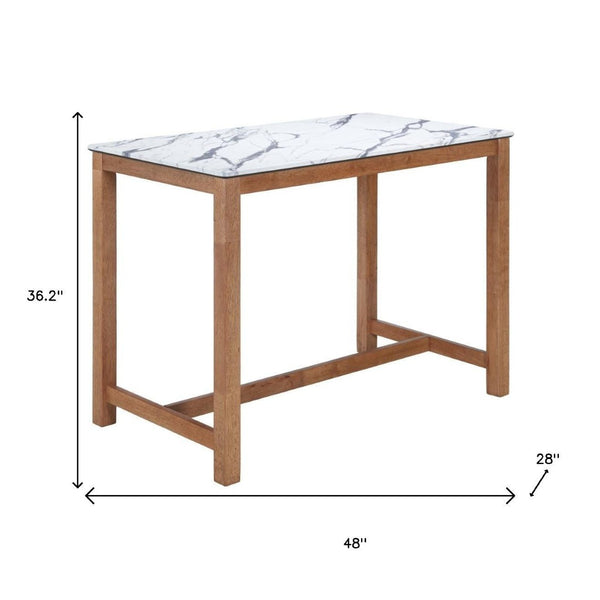 HomeRoots 48" Modern Rectangular Bar Table with White Faux Marble Top & Solid Wood Base for Stylish Dining 668835