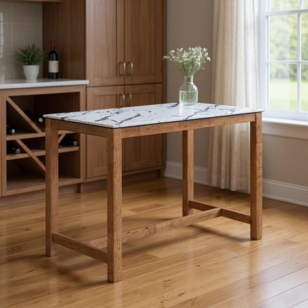 HomeRoots 48" Modern Rectangular Bar Table with White Faux Marble Top & Solid Wood Base for Stylish Dining 668835