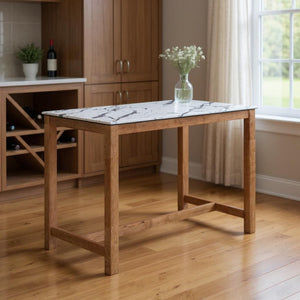 HomeRoots 48" Modern Rectangular Bar Table with White Faux Marble Top & Solid Wood Base for Stylish Dining 668835