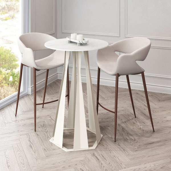 HomeRoots 26" Modern White Faux Marble Bar Table with Steel Base - Stylish, Durable Bistro Design for Any Space 668836