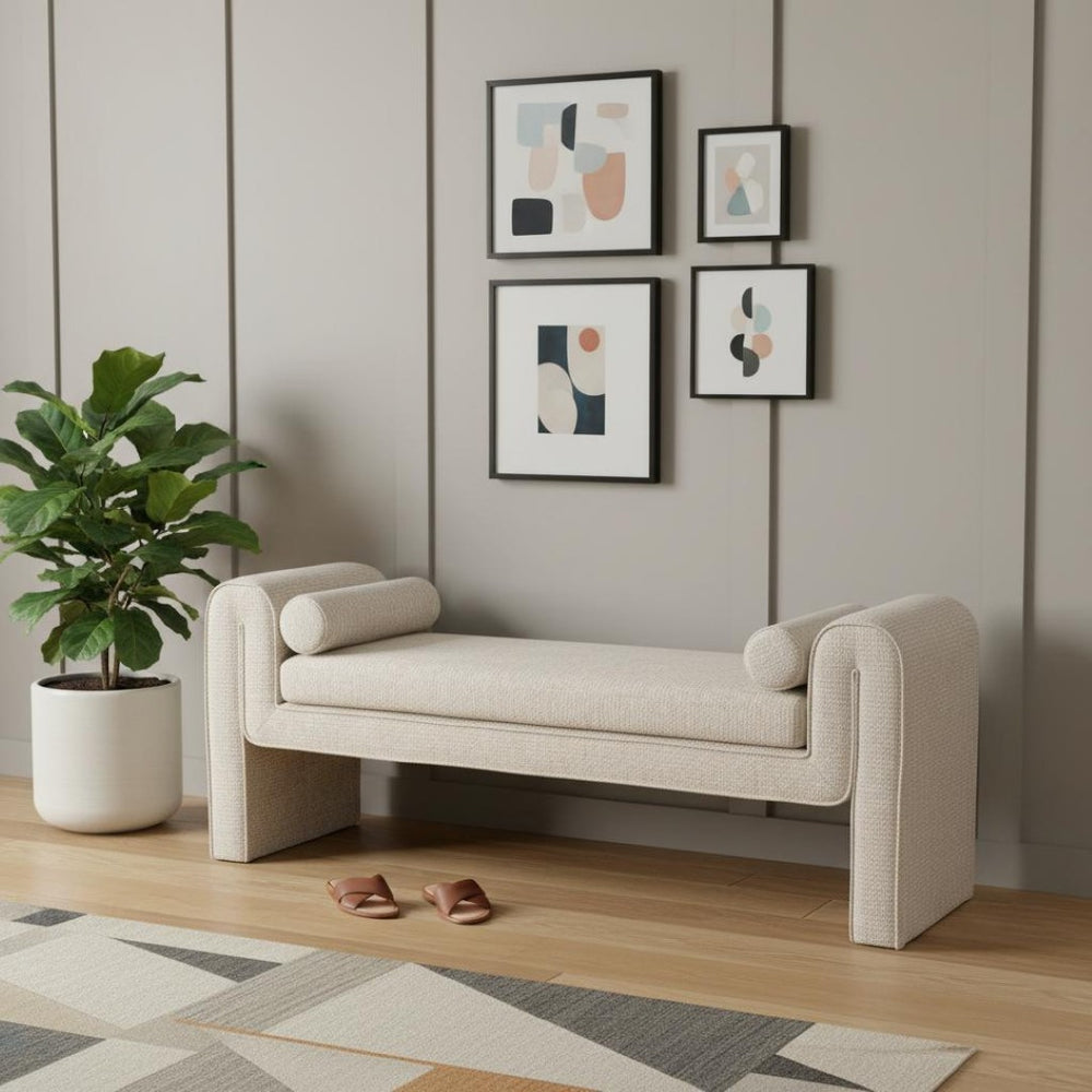 HomeRoots 60" Beige Upholstered Bench - Stylish Solid Wood Seating for Entryway, Hallway, or Foyer Decor 668844