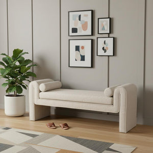 HomeRoots 60" Beige Upholstered Bench - Stylish Solid Wood Seating for Entryway, Hallway, or Foyer Decor 668844