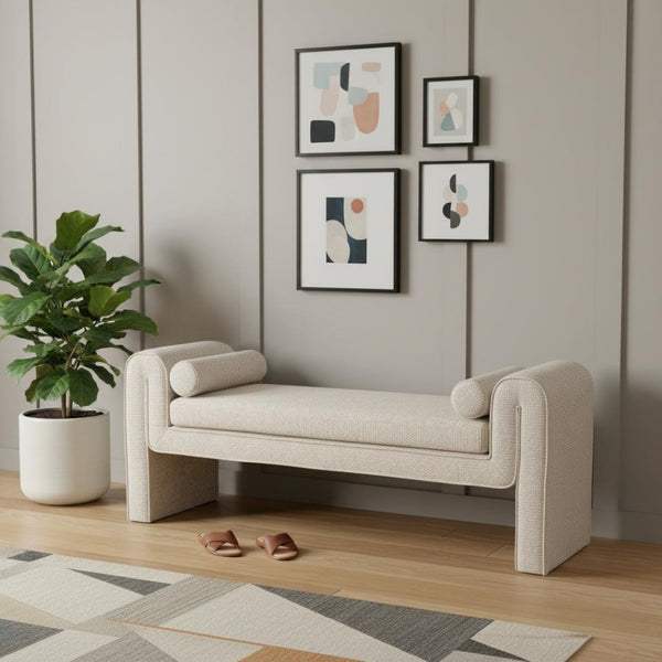 HomeRoots 60" Beige Upholstered Bench - Stylish Solid Wood Seating for Entryway, Hallway, or Foyer Decor 668844