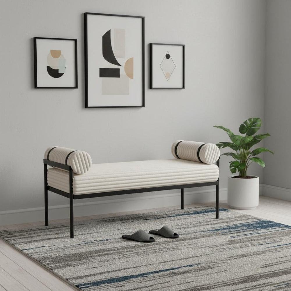HomeRoots 56" Cream and Black Fabric Upholstered Bench - Stylish Seating Solution for Entryway and Hallway 668850