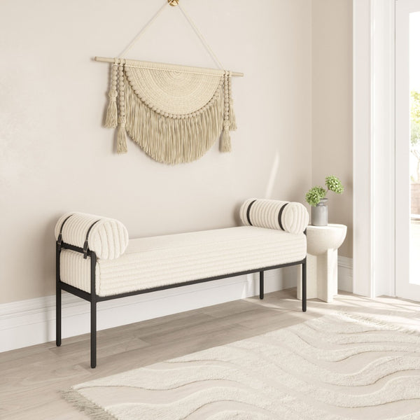 HomeRoots 56" Cream and Black Fabric Upholstered Bench - Stylish Seating Solution for Entryway and Hallway 668850