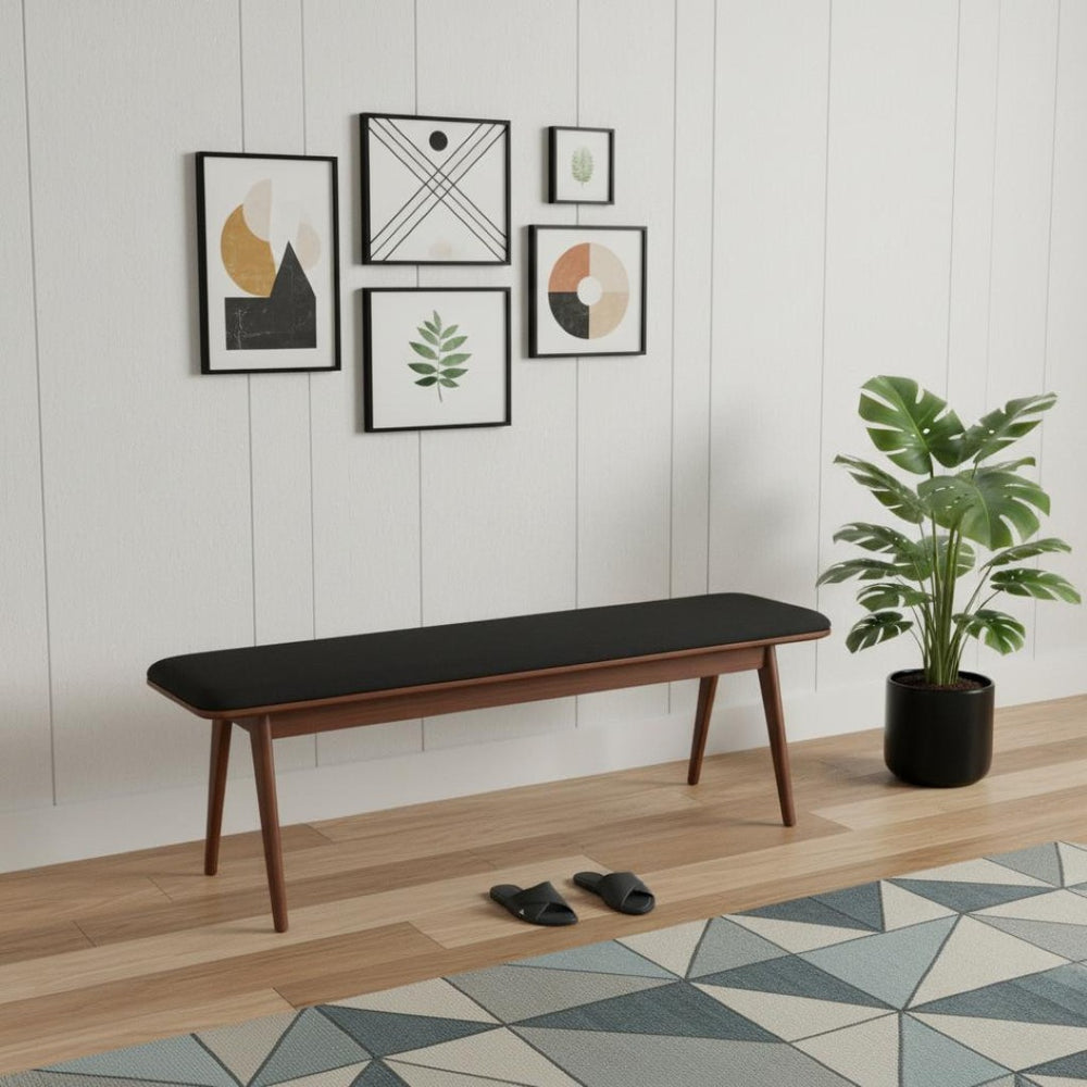 HomeRoots 60" Upholstered Bench with Black Fabric and Brown Wood Frame - Stylish, Versatile Seating for Any Space 668851