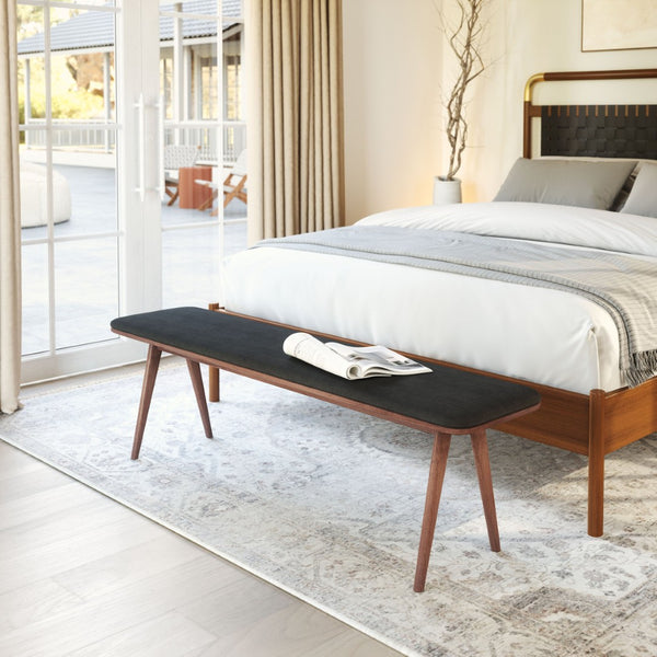 HomeRoots 60" Upholstered Bench with Black Fabric and Brown Wood Frame - Stylish, Versatile Seating for Any Space 668851