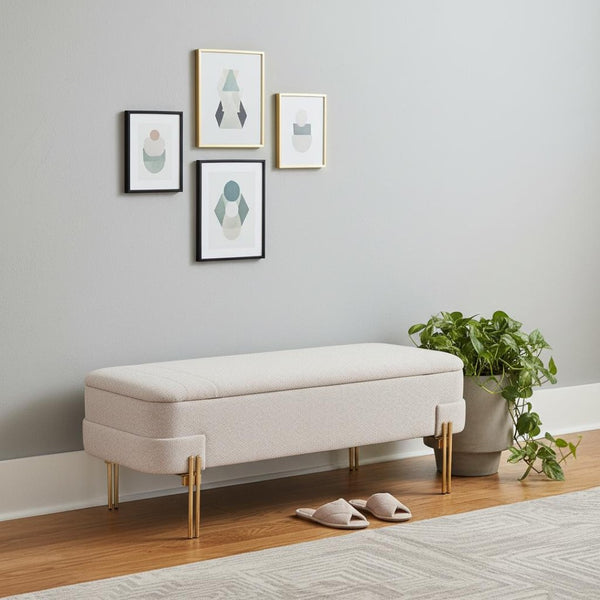 HomeRoots 47" Upholstered Beige and Gold Bench - Stylish Entryway Seating for Modern Decor & Versatile Use 668853