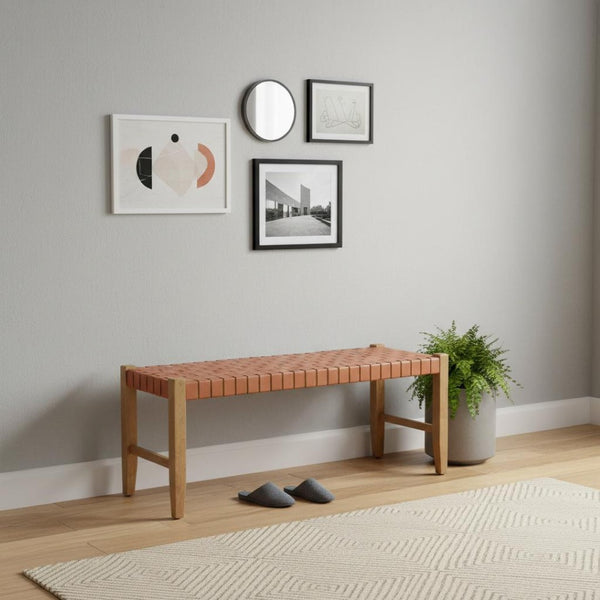 HomeRoots 48" Tan Faux Leather Upholstered Bench with Solid Wood Legs - Stylish Entryway Seating Solution 668864