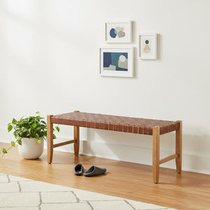 HomeRoots 48" Brown Faux Leather Upholstered Bench with Solid Wood Frame – Stylish Seating for Any Space 668865