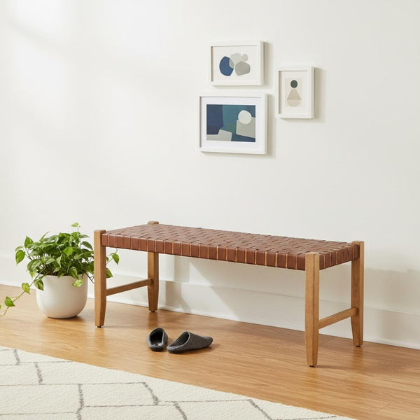 HomeRoots 48" Brown Faux Leather Upholstered Bench with Solid Wood Frame – Stylish Seating for Any Space 668865