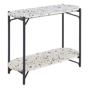 HomeRoots 36" Chic Oval Console Table with Faux Terrazzo Top & Black Steel Base - Two-Tier Storage Solution 668867