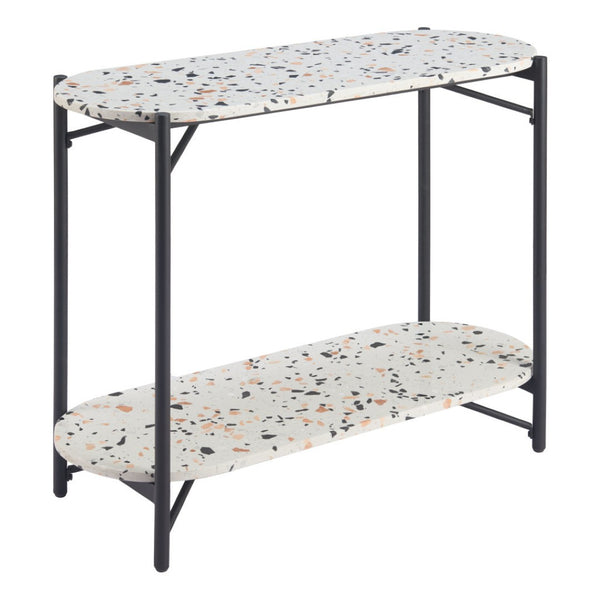 HomeRoots 36" Chic Oval Console Table with Faux Terrazzo Top & Black Steel Base - Two-Tier Storage Solution 668867