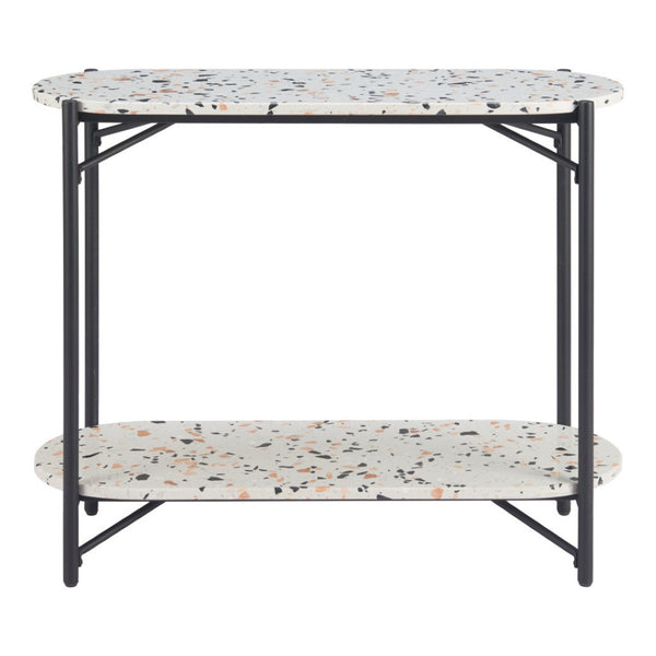 HomeRoots 36" Chic Oval Console Table with Faux Terrazzo Top & Black Steel Base - Two-Tier Storage Solution 668867