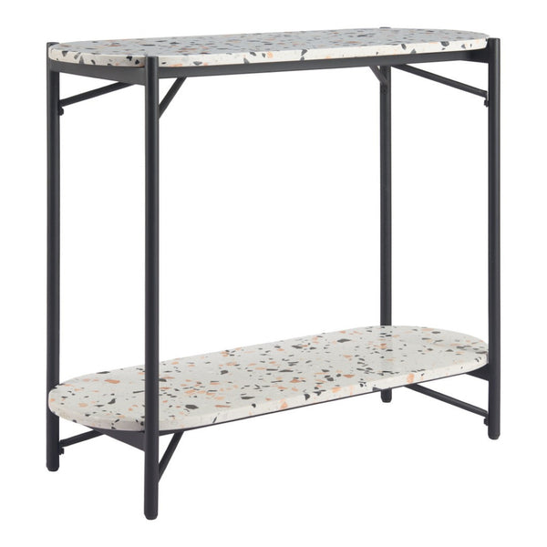 HomeRoots 36" Chic Oval Console Table with Faux Terrazzo Top & Black Steel Base - Two-Tier Storage Solution 668867