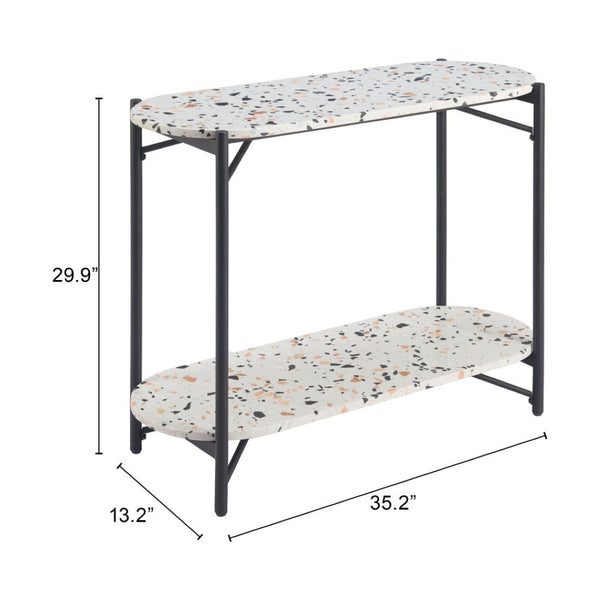HomeRoots 36" Chic Oval Console Table with Faux Terrazzo Top & Black Steel Base - Two-Tier Storage Solution 668867