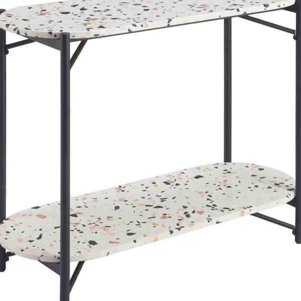 HomeRoots 36" Chic Oval Console Table with Faux Terrazzo Top & Black Steel Base - Two-Tier Storage Solution 668867