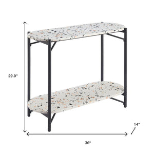 HomeRoots 36" Chic Oval Console Table with Faux Terrazzo Top & Black Steel Base - Two-Tier Storage Solution 668867