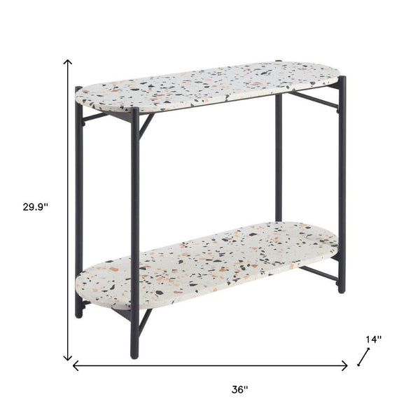HomeRoots 36" Chic Oval Console Table with Faux Terrazzo Top & Black Steel Base - Two-Tier Storage Solution 668867