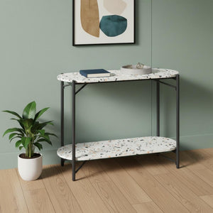 HomeRoots 36" Chic Oval Console Table with Faux Terrazzo Top & Black Steel Base - Two-Tier Storage Solution 668867