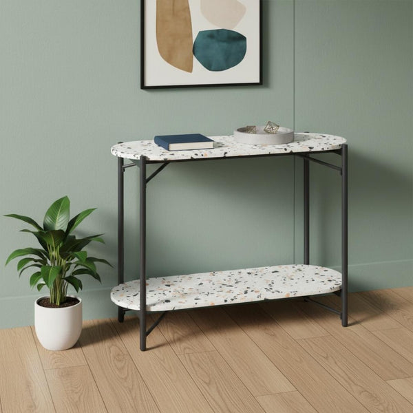 HomeRoots 36" Chic Oval Console Table with Faux Terrazzo Top & Black Steel Base - Two-Tier Storage Solution 668867