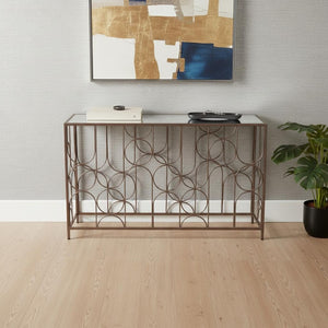 HomeRoots 50" Modern Bronze Mirrored Console Table with Geometric Steel Frame for Stylish Home Décor & Function 668869