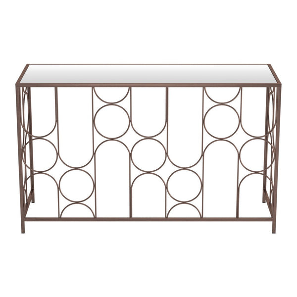HomeRoots 50" Modern Bronze Mirrored Console Table with Geometric Steel Frame for Stylish Home Décor & Function 668869