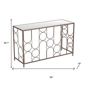 HomeRoots 50" Modern Bronze Mirrored Console Table with Geometric Steel Frame for Stylish Home Décor & Function 668869