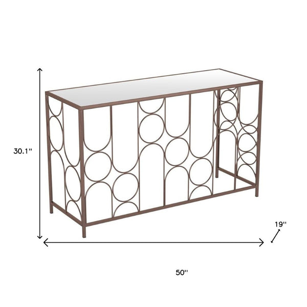 HomeRoots 50" Modern Bronze Mirrored Console Table with Geometric Steel Frame for Stylish Home Décor & Function 668869