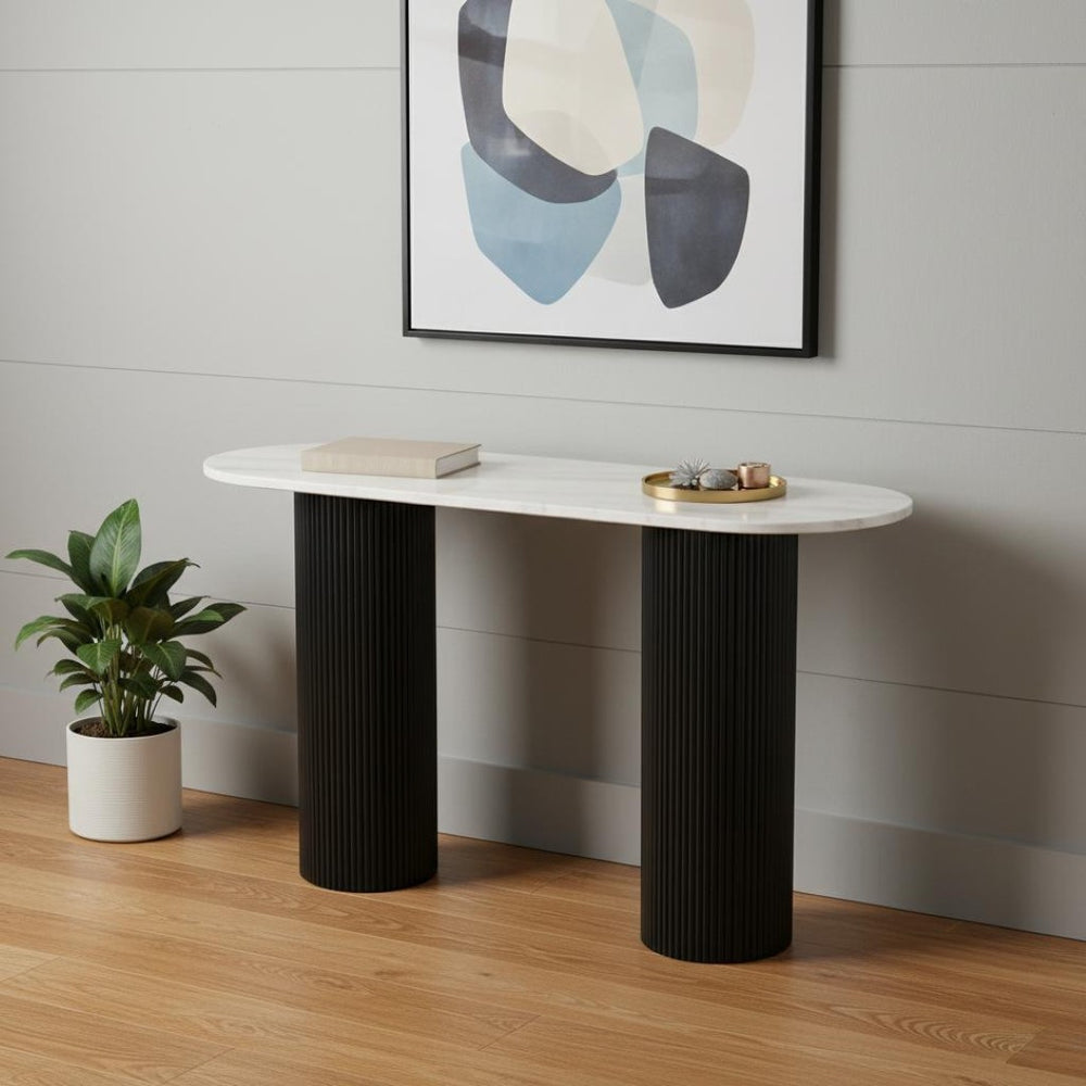 HomeRoots 52" Stylish Oval Console Table - Genuine White Marble Top & Black Solid Wood Double Pedestals 668870