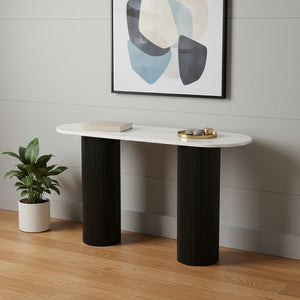 HomeRoots 52" Stylish Oval Console Table - Genuine White Marble Top & Black Solid Wood Double Pedestals 668870
