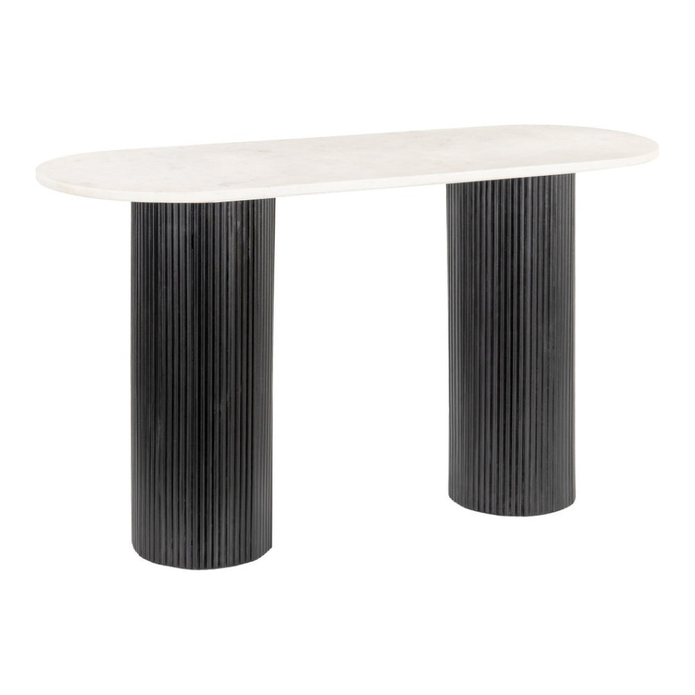 HomeRoots 52" Stylish Oval Console Table - Genuine White Marble Top & Black Solid Wood Double Pedestals 668870
