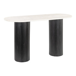 HomeRoots 52" Stylish Oval Console Table - Genuine White Marble Top & Black Solid Wood Double Pedestals 668870