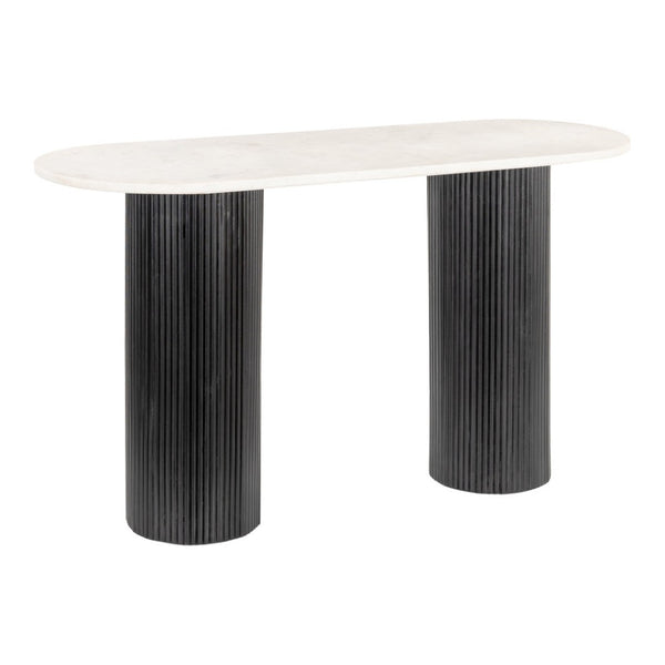 HomeRoots 52" Stylish Oval Console Table - Genuine White Marble Top & Black Solid Wood Double Pedestals 668870