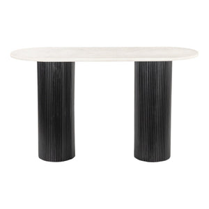 HomeRoots 52" Stylish Oval Console Table - Genuine White Marble Top & Black Solid Wood Double Pedestals 668870