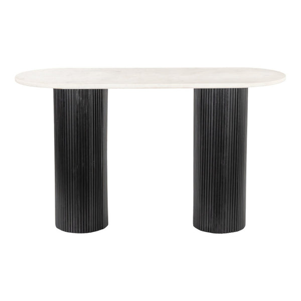 HomeRoots 52" Stylish Oval Console Table - Genuine White Marble Top & Black Solid Wood Double Pedestals 668870