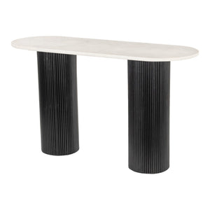 HomeRoots 52" Stylish Oval Console Table - Genuine White Marble Top & Black Solid Wood Double Pedestals 668870
