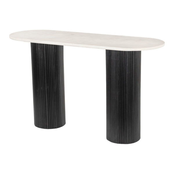 HomeRoots 52" Stylish Oval Console Table - Genuine White Marble Top & Black Solid Wood Double Pedestals 668870