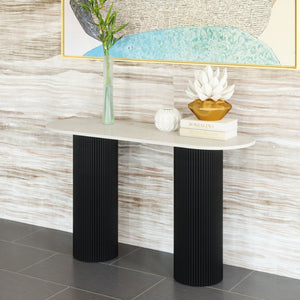 HomeRoots 52" Stylish Oval Console Table - Genuine White Marble Top & Black Solid Wood Double Pedestals 668870