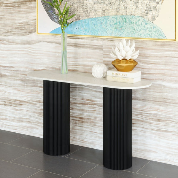 HomeRoots 52" Stylish Oval Console Table - Genuine White Marble Top & Black Solid Wood Double Pedestals 668870