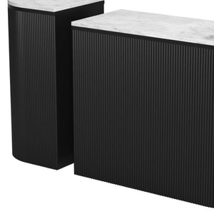 HomeRoots Set of Two 35" Oval Console Tables with White Marble Tops & Black Ribbed Wood for Modern Style 668871