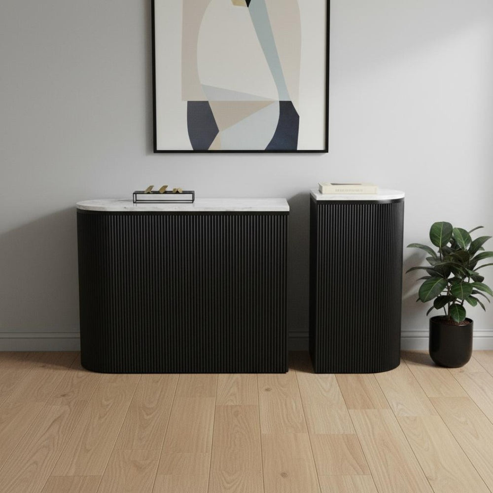 HomeRoots Set of Two 35" Oval Console Tables with White Marble Tops & Black Ribbed Wood for Modern Style 668871