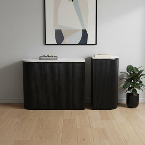 HomeRoots Set of Two 35" Oval Console Tables with White Marble Tops & Black Ribbed Wood for Modern Style 668871