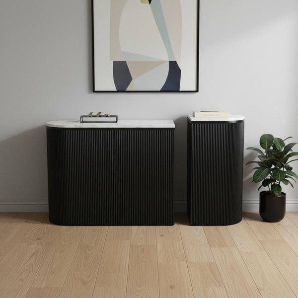 HomeRoots Set of Two 35" Oval Console Tables with White Marble Tops & Black Ribbed Wood for Modern Style 668871