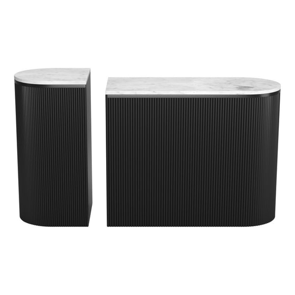 HomeRoots Set of Two 35" Oval Console Tables with White Marble Tops & Black Ribbed Wood for Modern Style 668871