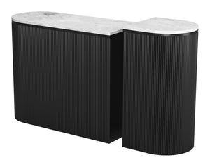 HomeRoots Set of Two 35" Oval Console Tables with White Marble Tops & Black Ribbed Wood for Modern Style 668871